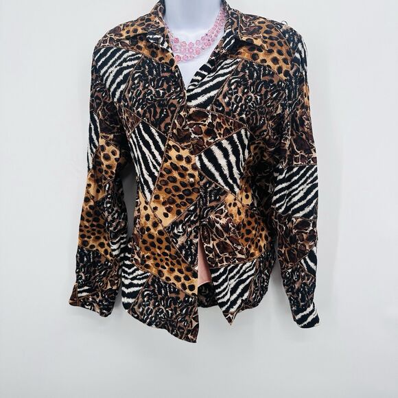 Allison Taylor Women's Animal Print Silk Blouse Black Brown Button Up Vintage M - Picture 1 of 9